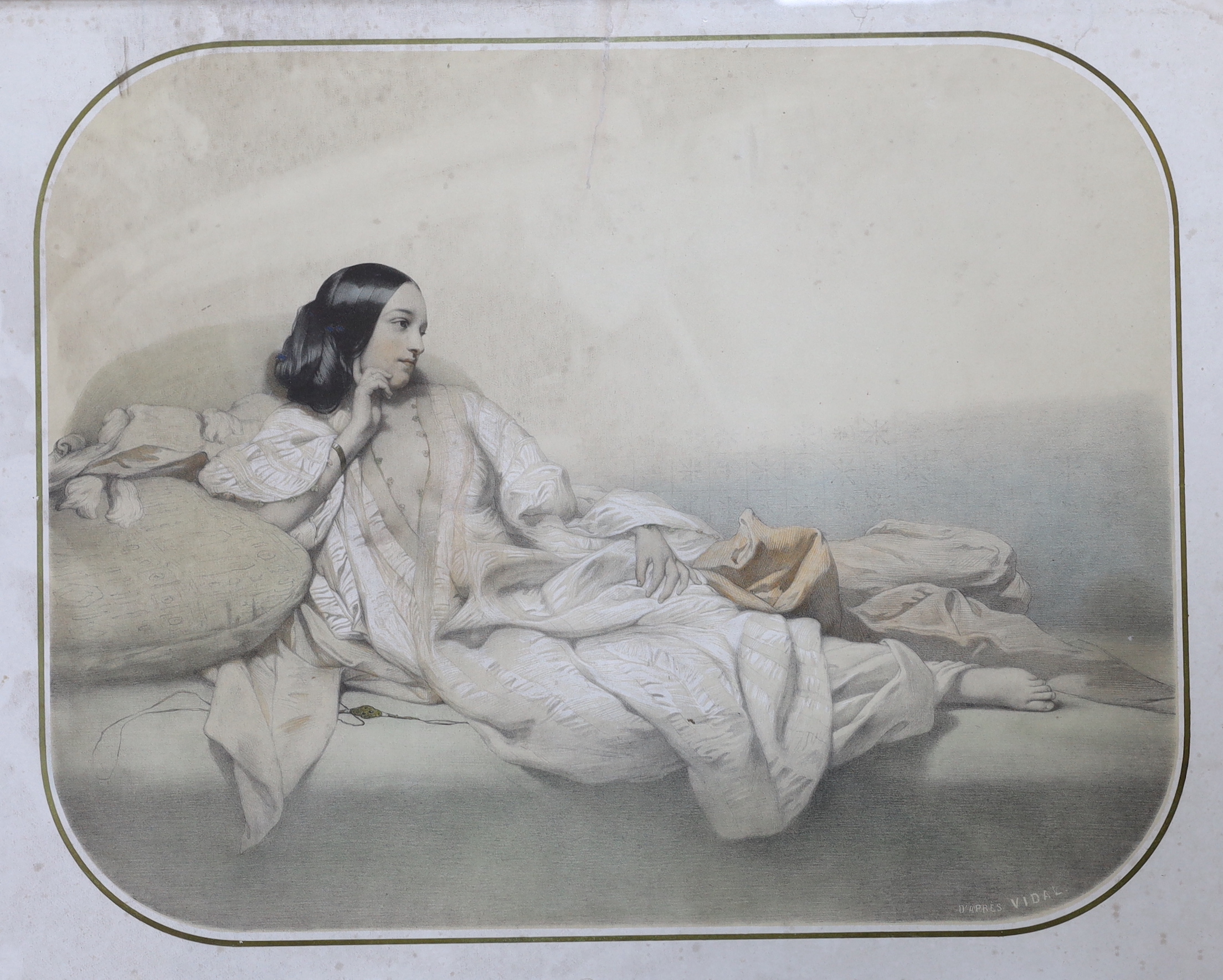 After Vidal, pair of French colour lithographs, Reclining semi-nude beauties, one blind stamped, each 42 x 52cm